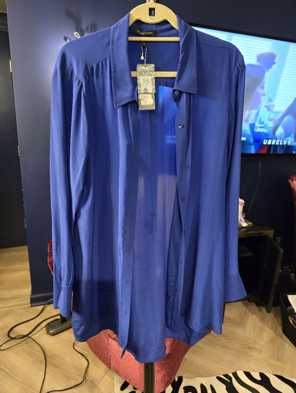 Eileen Fisher Vibrant Royal Blue Silk Button-Up Tunic Blouse